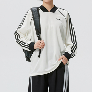 阿迪达斯三叶草女装长袖POLO衫2026春季新款白色休闲运动服KG3711