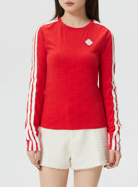 阿迪达斯本命年红色长袖T恤女新年款运动服马年打底衫KW4676