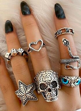 Skull Ring set of 7 pieces rings复古个性夸张骷髅猫头鹰戒指潮