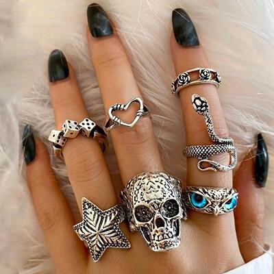 Skull Ring set of 7 pieces rings复古个性夸张骷髅猫头鹰戒指潮