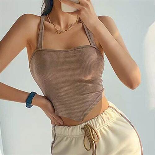 Sleeveless Solid Open Back Strap Simple无袖纯色露背吊带简约