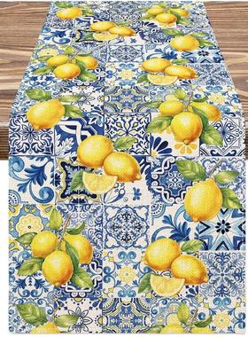Summer Lemon Tiles Linen Table Runner Holiday Party Decor Re