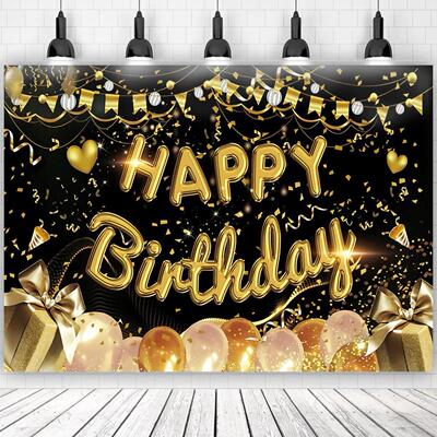 Happy Birthday Backdrop Banner Large Black Gold Balloon Star