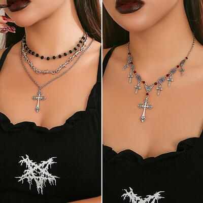 Neck chain cross pendant with dark collarbone chain