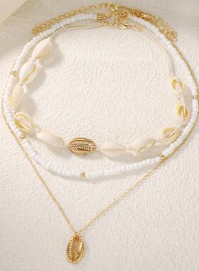 Shell necklace for women跨境锁骨链多层配饰米珠贝壳吊坠项链