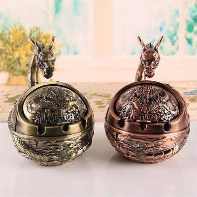 Chinese Dragon Horse Retro Ashtray With Lid Home Office