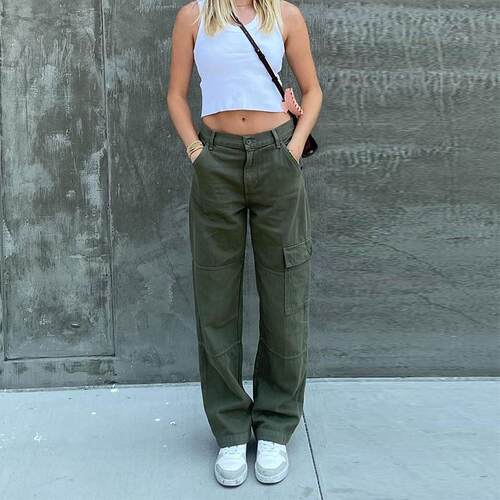 Vintage Baggy Jeans Women'S Pockets Wide Leg Cargo P