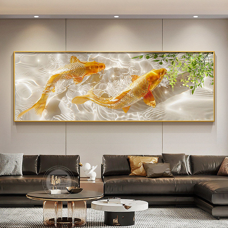 轻奢招财锦鲤客厅装饰画电视沙发背景墙挂画卧室高级感横款壁饰画