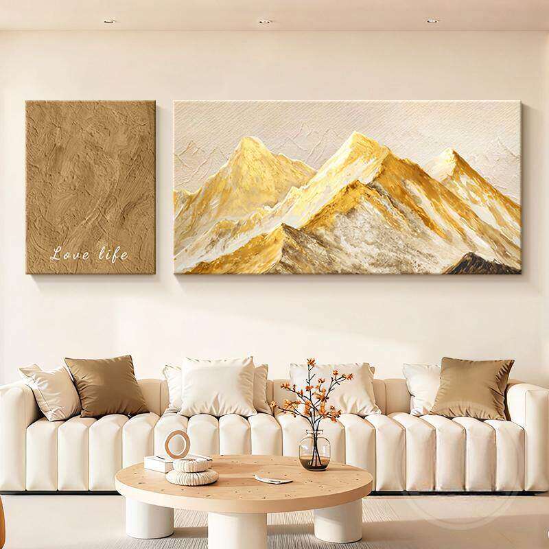 背有靠山客厅装饰画原木奶油风沙发背景墙挂画高级肌理感双联壁画