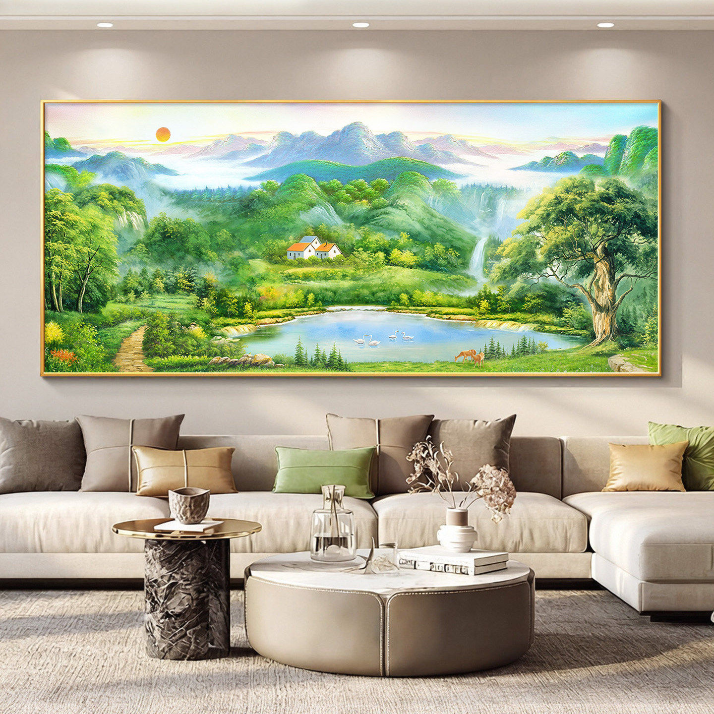 寓意好聚宝盆客厅山水挂画轻奢高级感沙发背景墙装饰画办公室壁画
