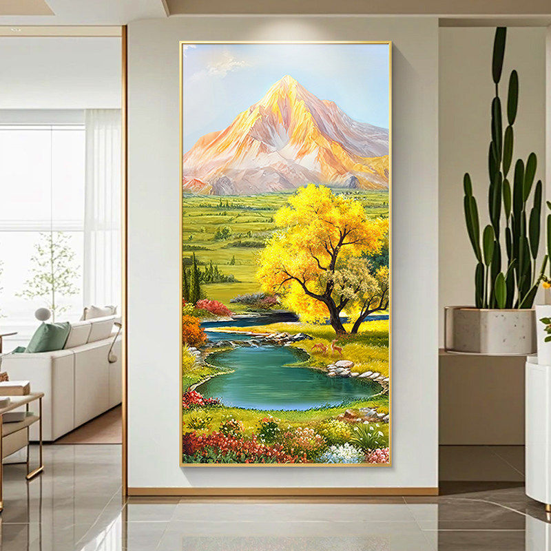 黄金发财树聚宝盆金山玄关装饰画竖版山水挂画走廊过道风景墙壁画
