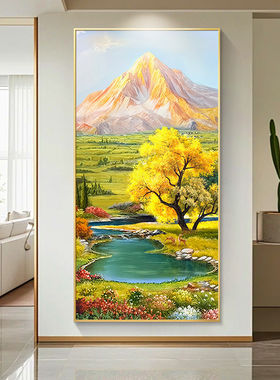 黄金发财树聚宝盆金山玄关装饰画竖版山水挂画走廊过道风景墙壁画