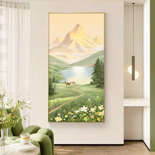 正对门入户进门玄关装饰画竖版挂画油画风高级感大气山水日照金山