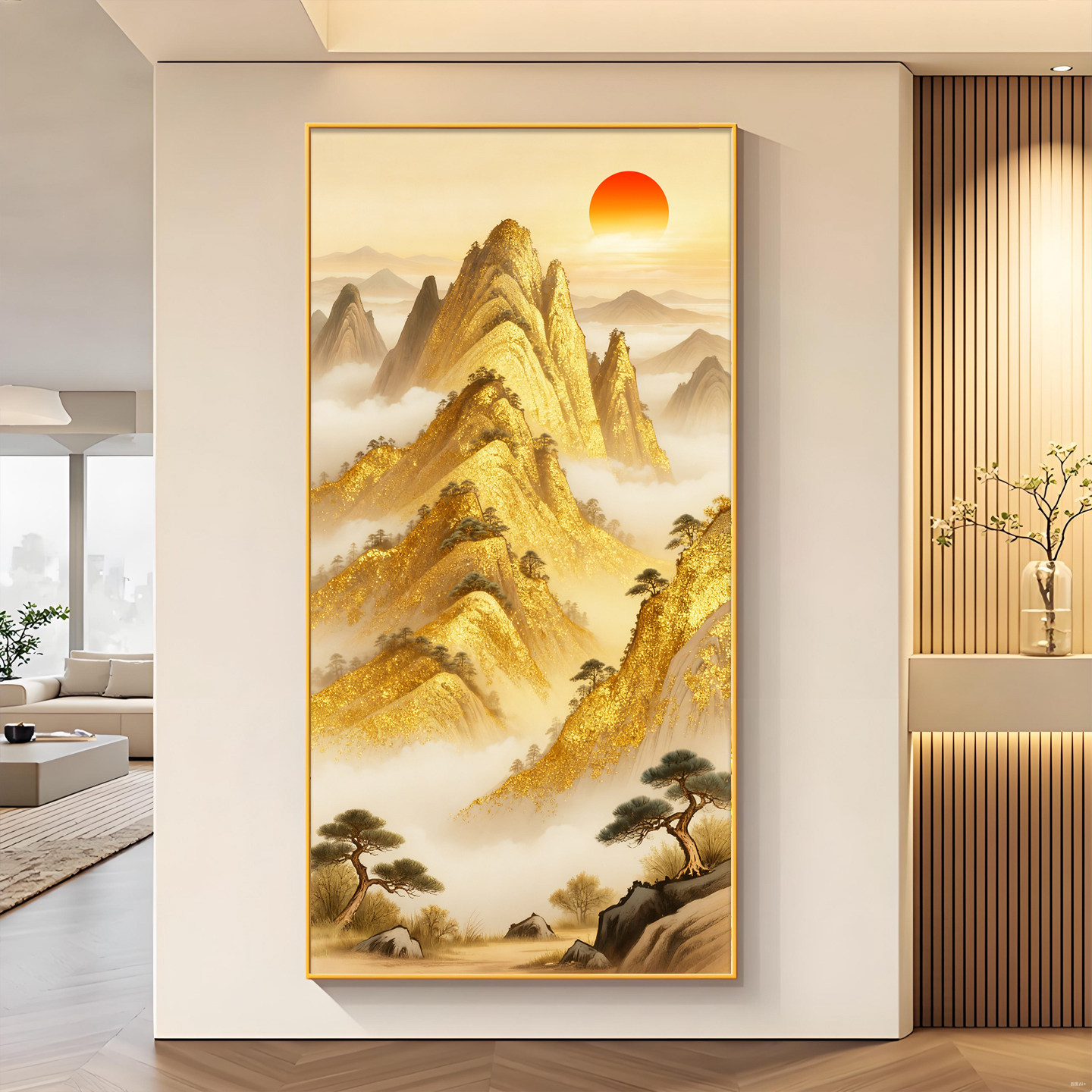 日照金山入户正对门玄关装饰挂画新中式东墙客厅走廊过道墙画壁画
