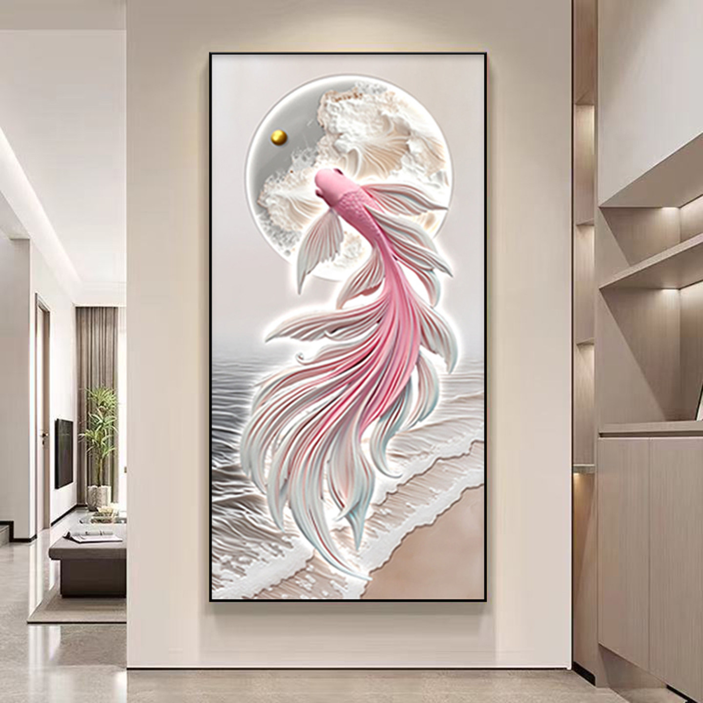锦鲤图带灯入户玄关装饰画走廊尽头过道壁画轻奢高级感客厅墙挂画