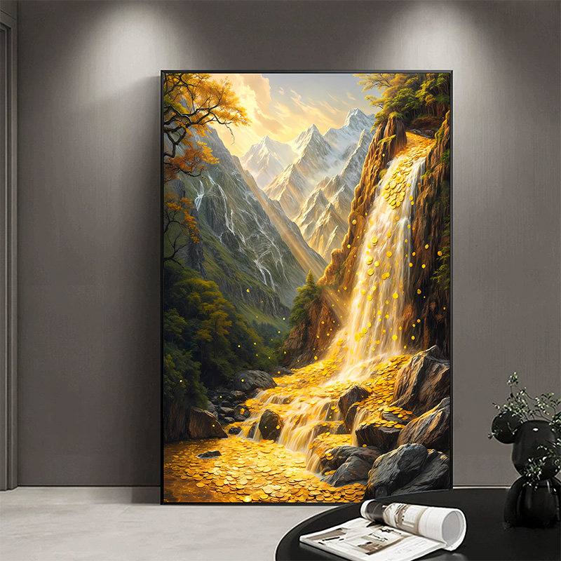 流水生财客厅落地画日照金山壁画走廊玄关装饰画西墙聚财山水挂画