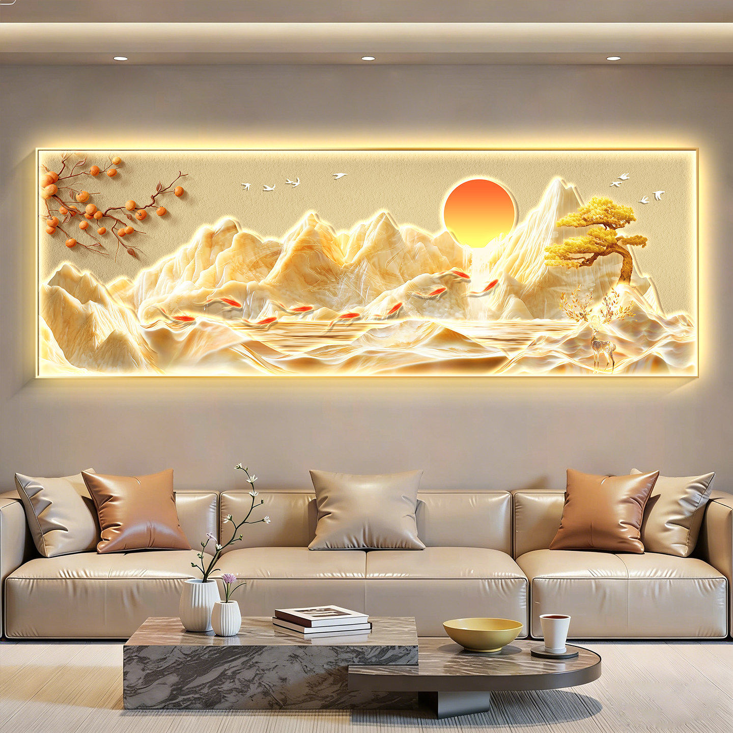 日照金山轻奢客厅装饰画现代高档大气沙发背景墙挂画背有靠山壁画