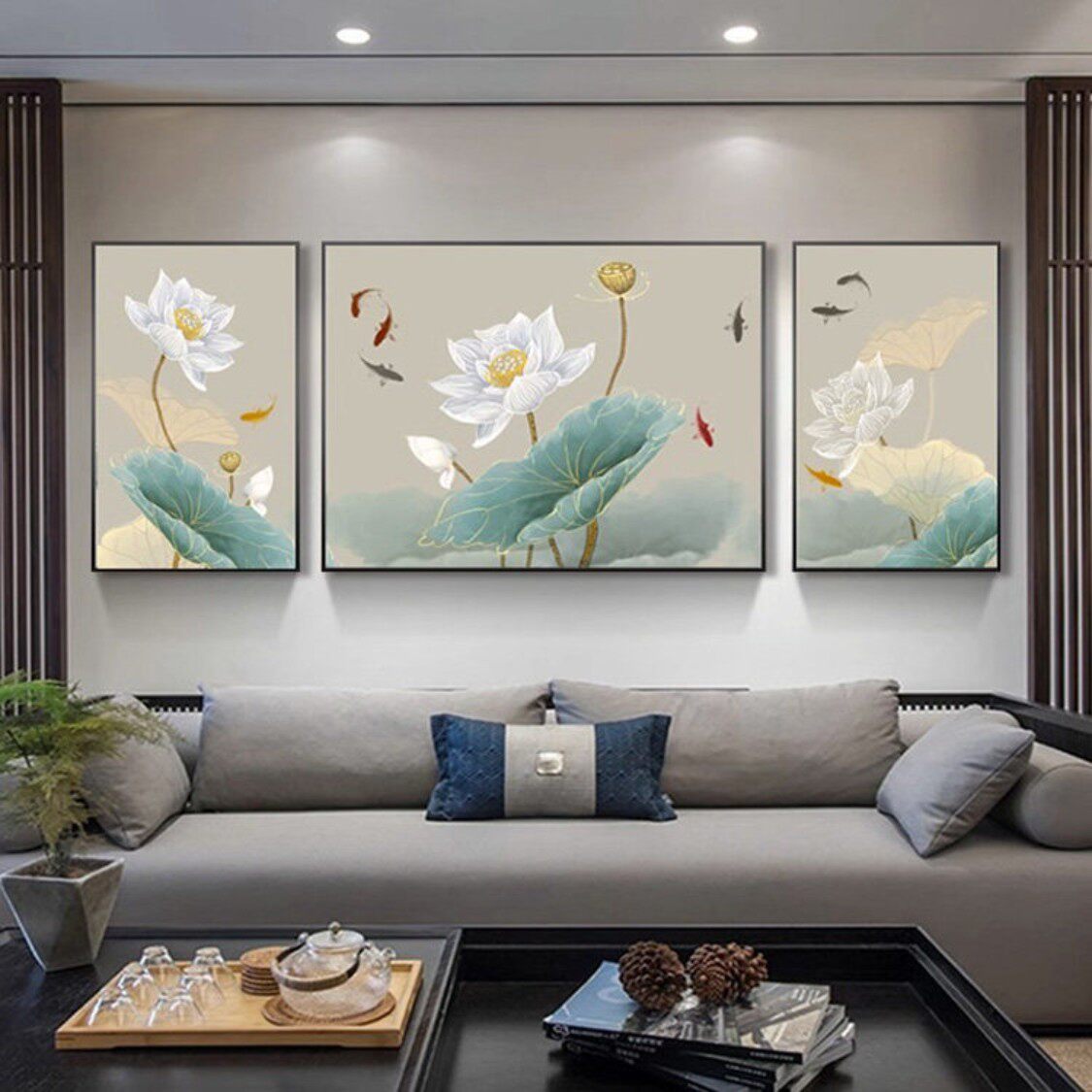 荷花九鱼图客厅装饰画现代新中式沙发背景墙花卉三联晶瓷画挂画