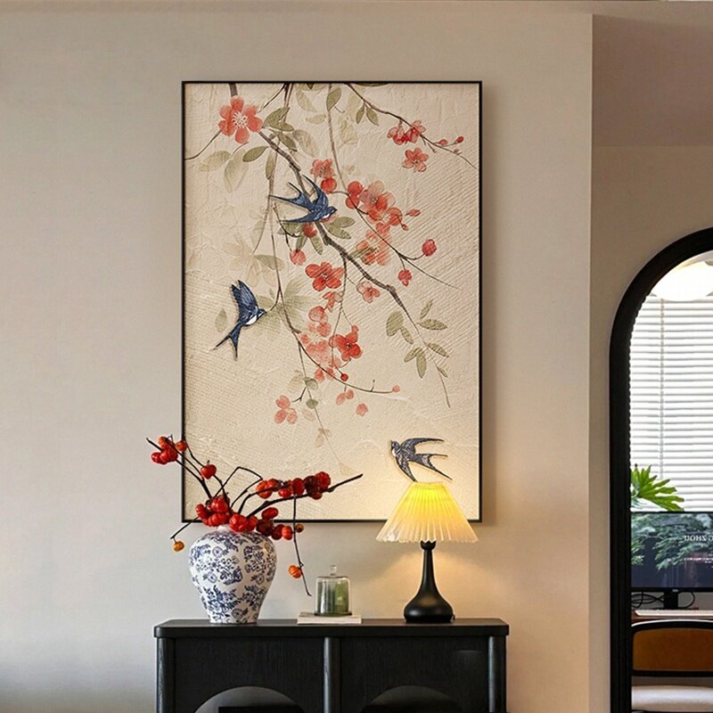 新中式入户玄关装饰画喜上眉梢客厅背景墙挂画中古风走廊过道壁画