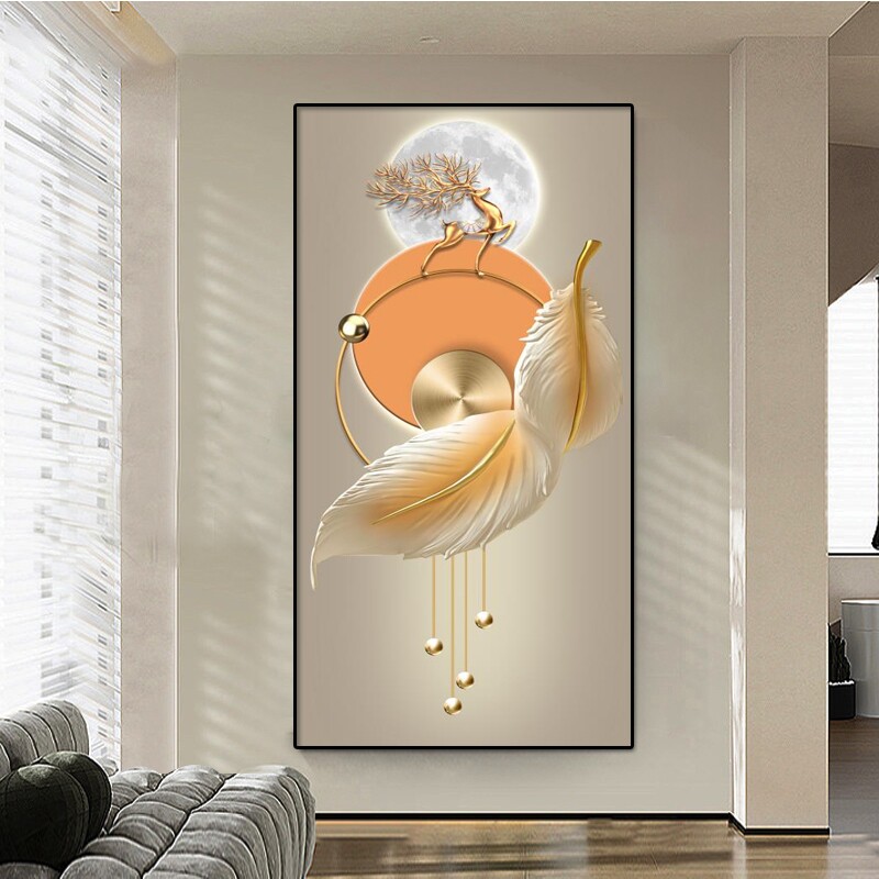 轻奢羽毛玄关装饰画现代简约走廊过道挂画高级感入户客厅竖版壁画
