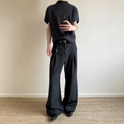 高货 亚麻混纺刀锋斜门襟双褶夏季cleanfit直筒A字版微阔休闲西裤