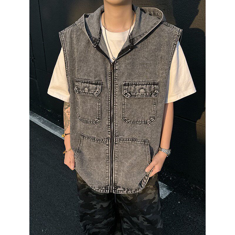 速发美式复古肩街连帽坎重牛仔马甲男高磅带帽机车服拉链背心