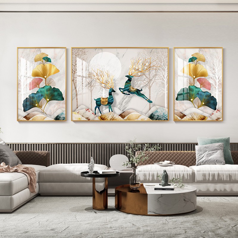 速发北厅装饰联简约沙发背景画挂墙银杏叶壁画鹿晶瓷画三画画