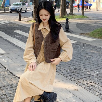 速发感冷淡风设计感长袖秋装装款新0252连衣裙收腰中长裙子