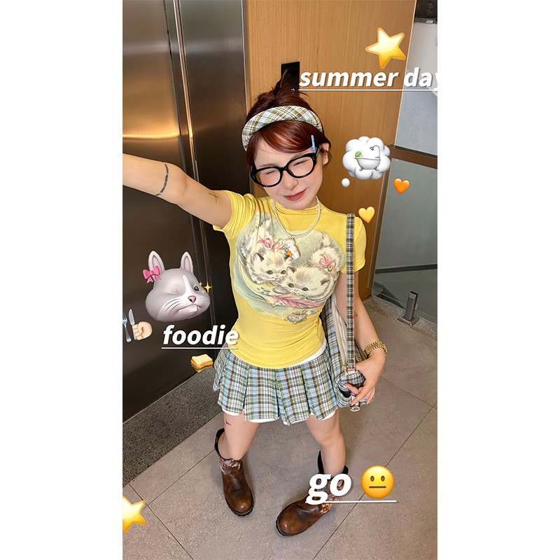 速发小猫花印咪辣妹高领上恤大码多巴胺穿搭黄色t衣夏