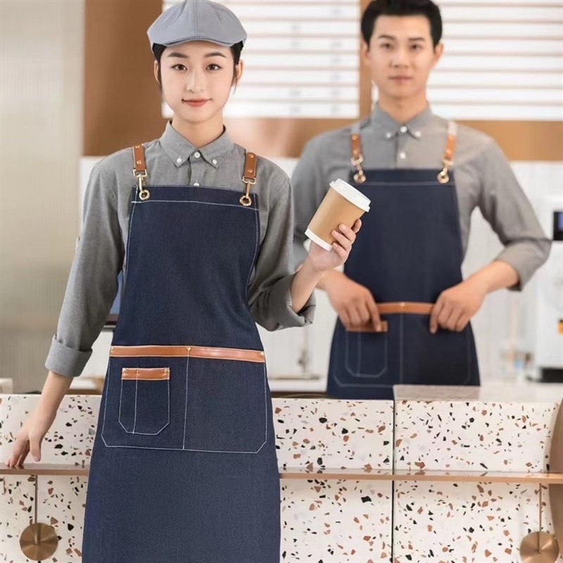 速发牛仔帆布围裙饮lo专o印字奶茶咖啡店餐定g用男工作服家用厨房