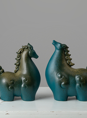 速发柜中意家居饰品创式复古陶瓷唐马肥马摆件客厅电视柜酒新软装