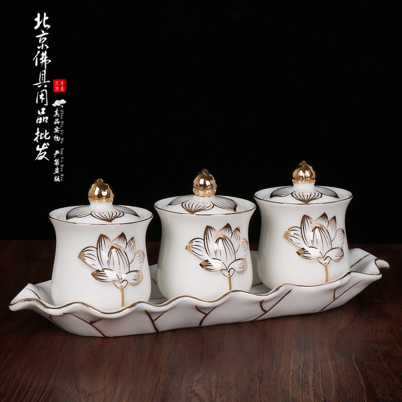 速发佛具用品莲花大佛杯悲供水陶瓷圣水杯佛前净水杯佛法僧三套杯
