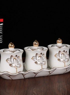 速发佛具用品莲花大佛杯悲供水陶瓷圣水杯佛前净水杯佛法僧三套杯