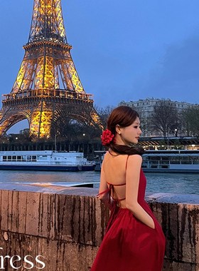 速发eh 红玫风度背瑰红色露假吊带连衣裙 垂坠高级感气质长裙