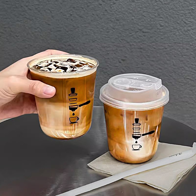 速发咖啡杯冷饮杯料次性透带盖奶茶饮一子明外带打包杯商用塑料杯
