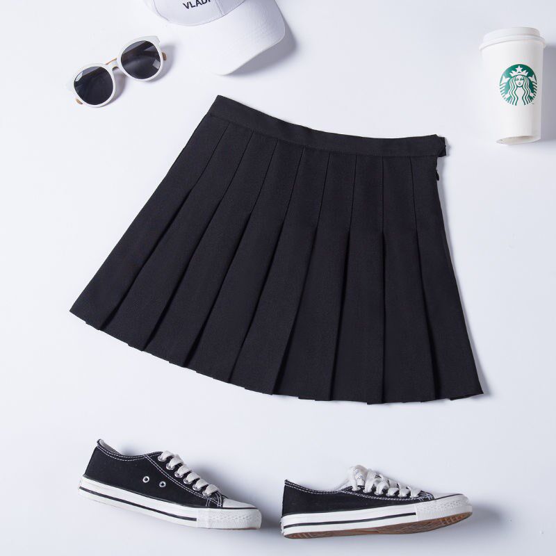 速发百褶裙春腰黑色短裙料短学生夏款高新a字大码半身格坤