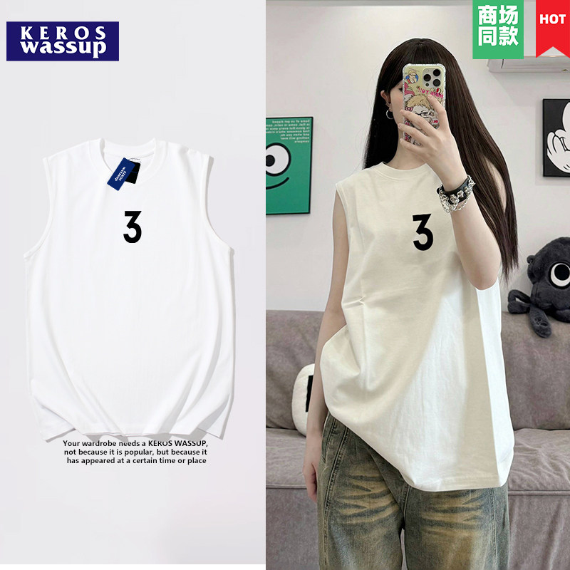 重磅美式潮牌无袖运动坎肩背心男数字3印花纯棉夏打底健身汗衫