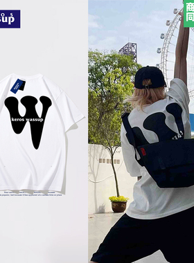 99元6件|夏季美式潮流衣服重磅短袖男W字母印花纯棉圆领白色体恤