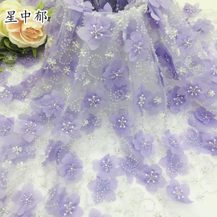 新款网纱立体紫色梅花珠管刺绣布