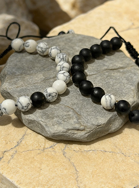 国风爆款手链白松石哑光黑珠情侣