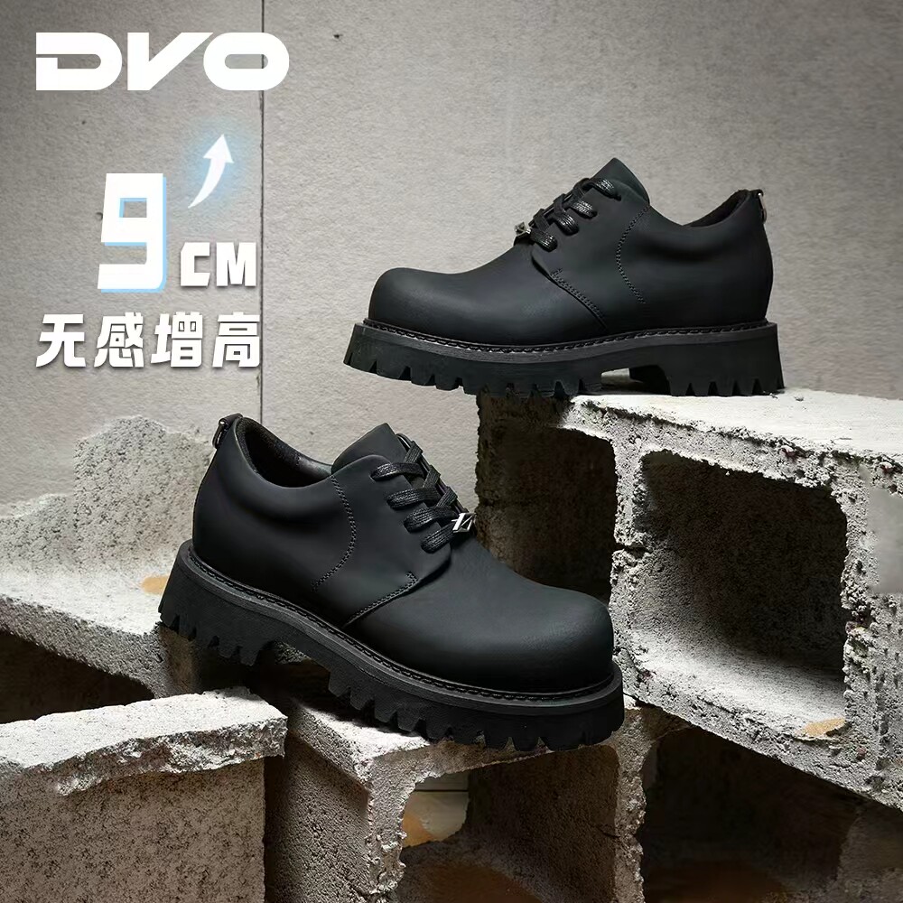DVO黑色隐形增高德比鞋男款厚底通勤低帮工装鞋大头休闲米奇鞋