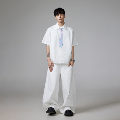 INSOMNIA领带印花夏季衬衫短袖男