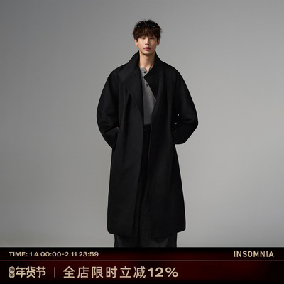 立体落肩阔版大翻领羊毛混纺大衣