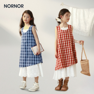 海边夏日小裙子儿童格子裙 2025新款 NORNOR童装 女大童连衣裙夏季