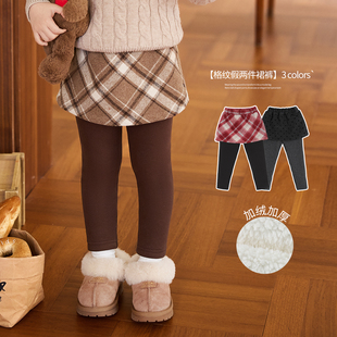 NORNOR 女童假两件裙裤2025新款冬季加绒加厚儿童宝宝打底裤子
