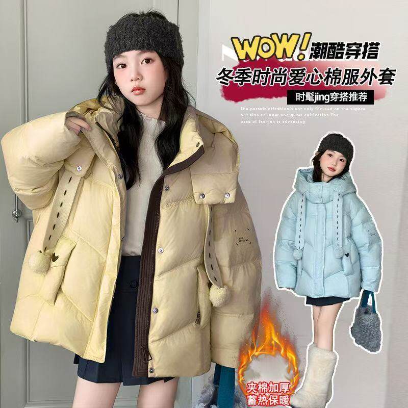 女童冬季韩版休闲加厚连帽面包服棉服中大童网红洋气儿童冬装棉衣