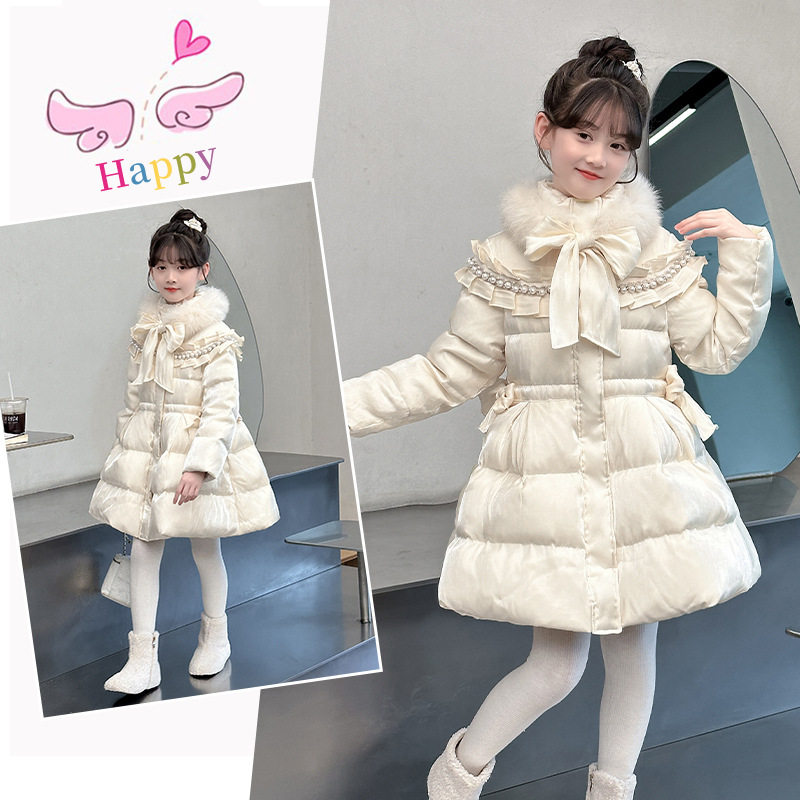 女童秋冬外套2025新款女童棉服韩版公主风毛领蝴蝶结摆中长款棉袄