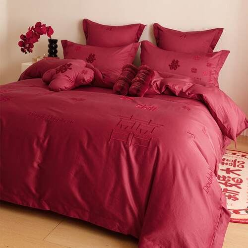 新中式婚嫁床上四件套全棉60支被套刺绣红色结婚庆喜字床单床笠