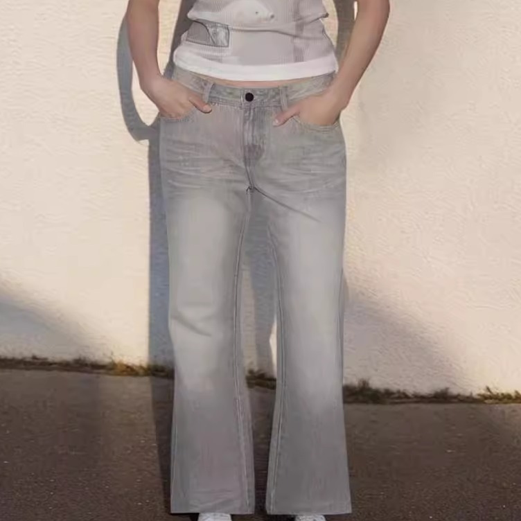 低腰修腿型微喇矿色休闲牛仔裤