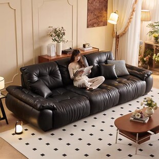 云漫真皮沙发极简客厅意式 中古可调节靠背大坐深直排皮艺沙发组合